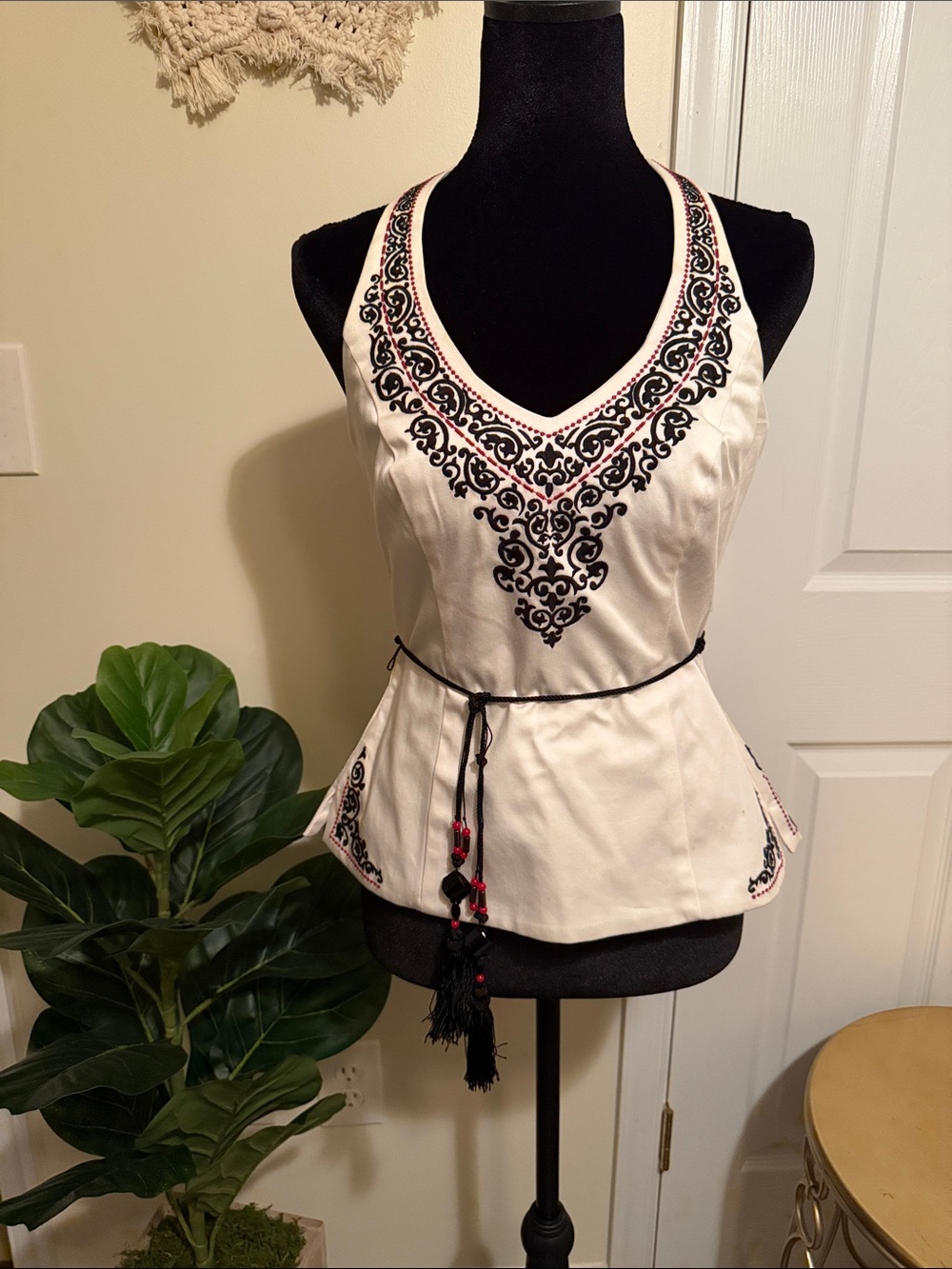 White House Black Market Embroidered Halter Top